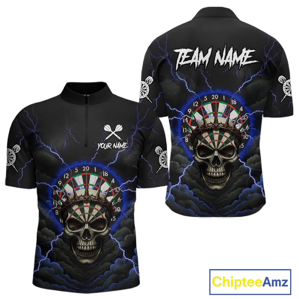 Custom Lightning Blue Smokes Skull Dartboard Men Darts Quarter-Zip Shirt Skull Dart Jerseys NYN1917