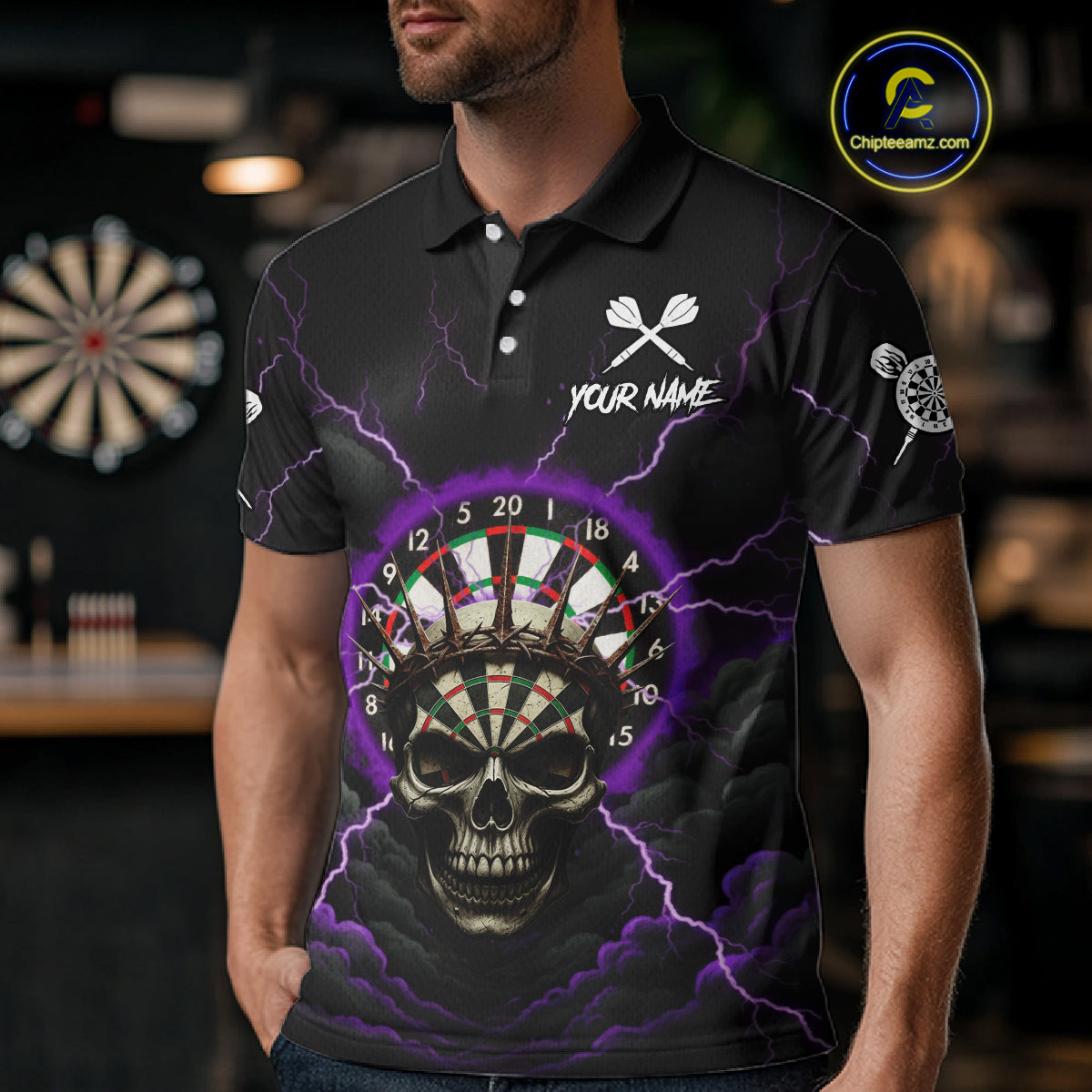 Custom Lightning Purple Smokes Skull Dartboard Men Darts Polo Shirt Skull Dart Jerseys NYN1918
