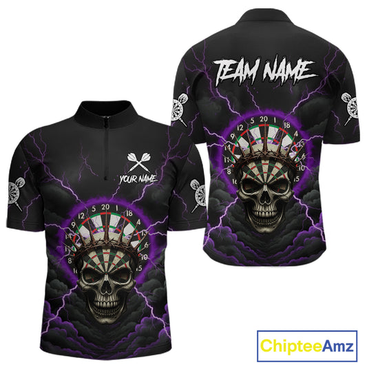Custom Lightning Purple Smokes Skull Dartboard Men Darts Quarter-Zip Shirt Skull Dart Jerseys NYN1918