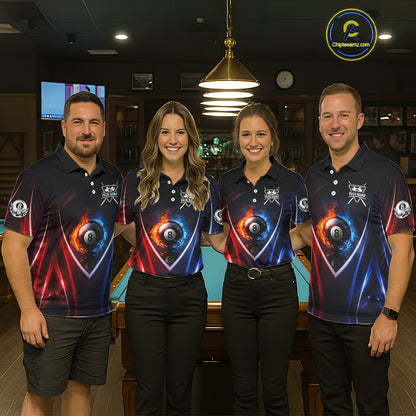 Blue And Red Flames 8 Ball Pool Women Polo & 1/4-Zip Team Shirts Custom Billiards Ball Apparel NYN2457