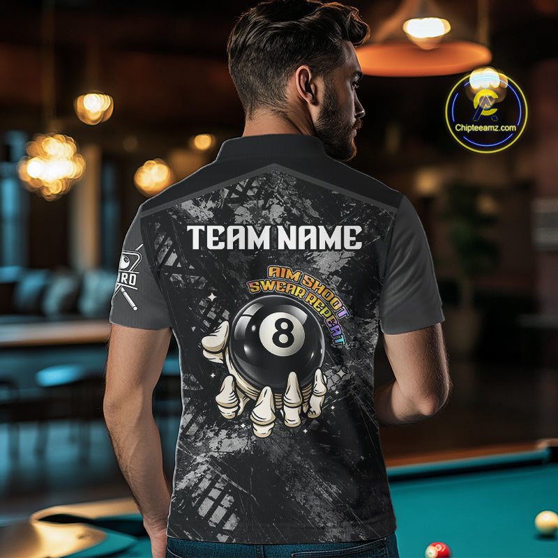 Aim Shoot Swear Repeat Holding 8 Ball Pool Men Billiard Team Shirt Custom Ball Billiards Apparel NYN2467