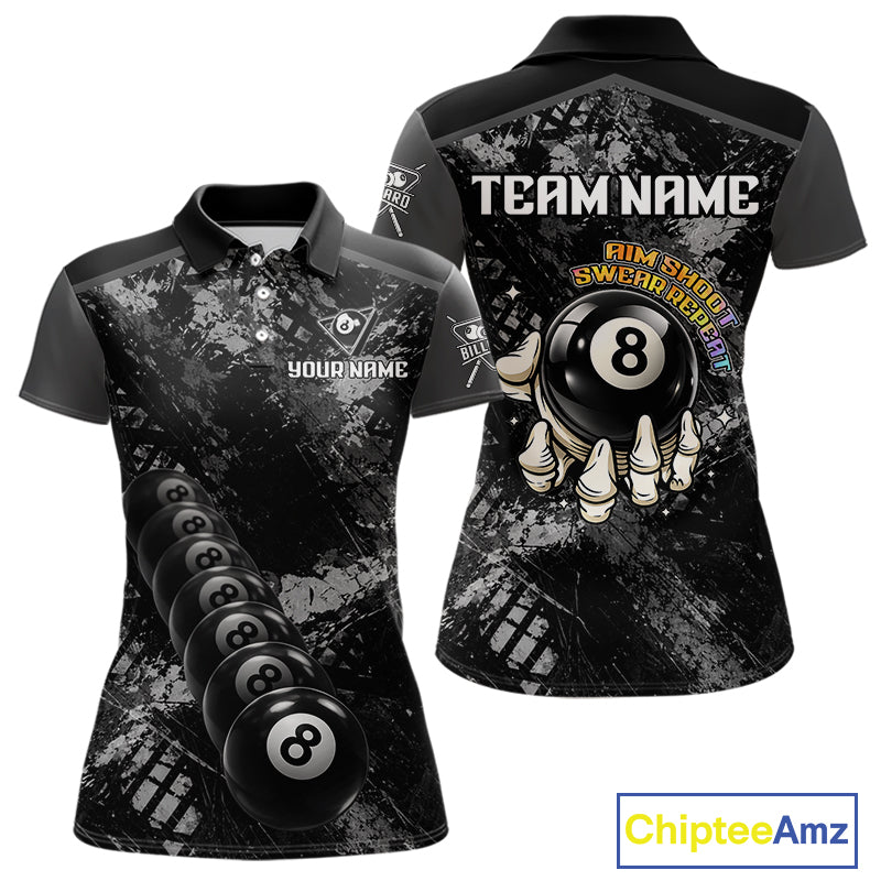 Aim Shoot Swear Repeat Holding 8 Ball Pool Women Billiard Team Shirt Custom Ball Billiards Apparel NYN2467