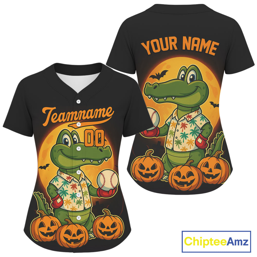 Custom Crocodile Pumpkin Halloween Baseball Jerseys For Women Funny Baseball Jerseys NYN1395