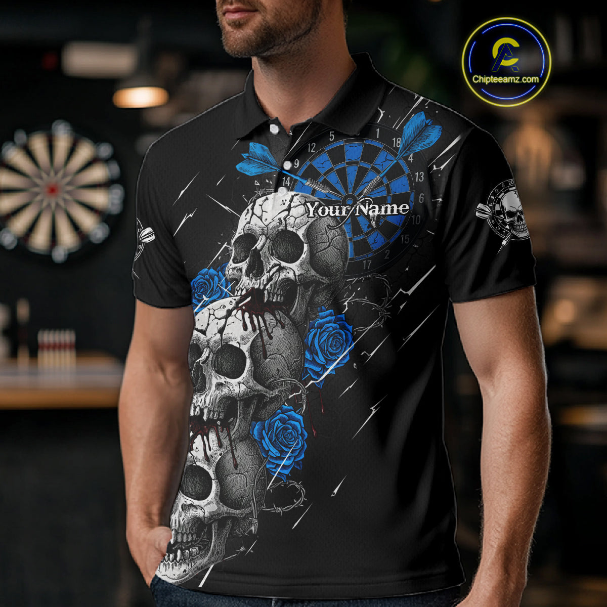 Custom Blue Roses Blood Dripping Skull Dartboard Men Darts Polo Shirt Dart Jerseys NYN1926