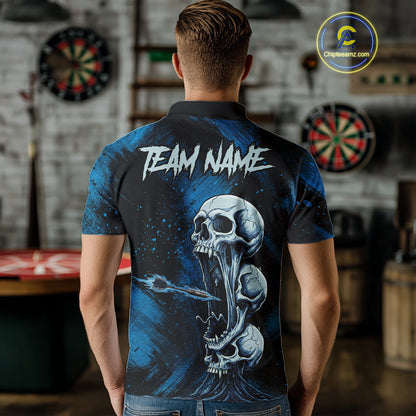 Custom Blue Grunge Creepy Skull Flame Dart Arrow Men Darts Polo Shirt Dart Jerseys NYN1938