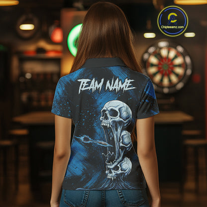 Custom Blue Grunge Creepy Skull Flame Dart Arrow Women Darts Polo Shirt Dart Jerseys NYN1938