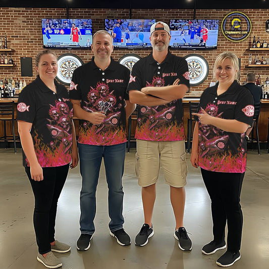 Custom Red Flames Shark And Skull 3D Women Darts Quarter-Zip League Shirts Funny Dart Jerseys NYN2204