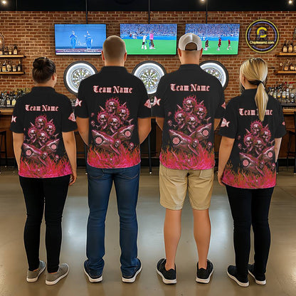 Custom Red Flames Shark And Skull 3D Women Darts Polo League Shirts Funny Dart Jerseys NYN2204