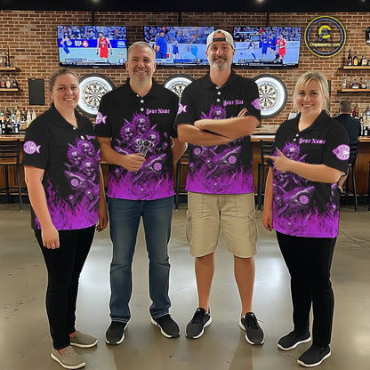 Custom Purple Flames Shark And Skull 3D Men Darts Polo League Shirts Funny Dart Jerseys NYN2205