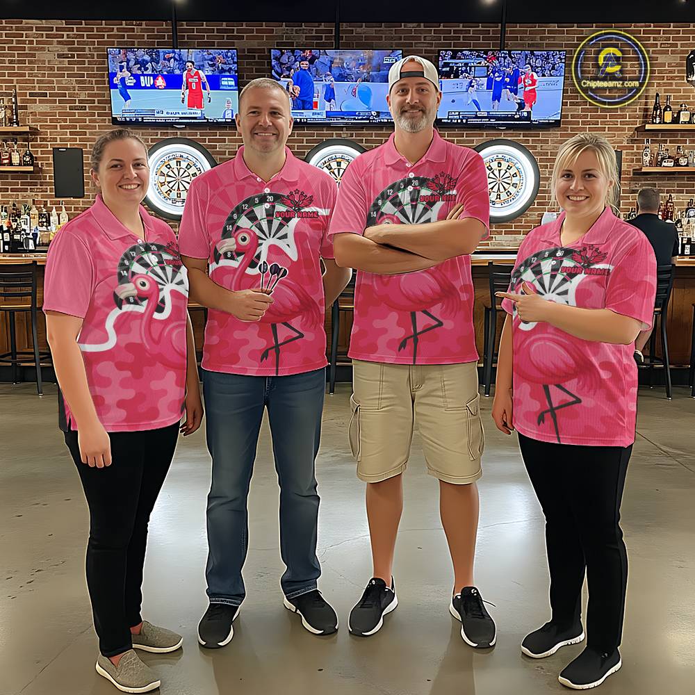 Custom Pink Flamingo Camouflage Dartboard Men Darts Quarter-Zip League Shirts Funny Dart Jerseys NYN2206