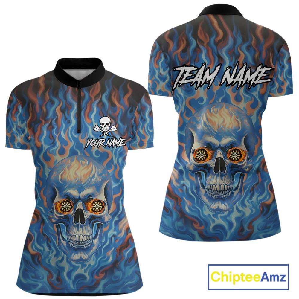 Custom Blue Fire Flaming Skull Dartboard Women Darts Quarter-Zip League Shirts Outfits Dart Jerseys NYN2207
