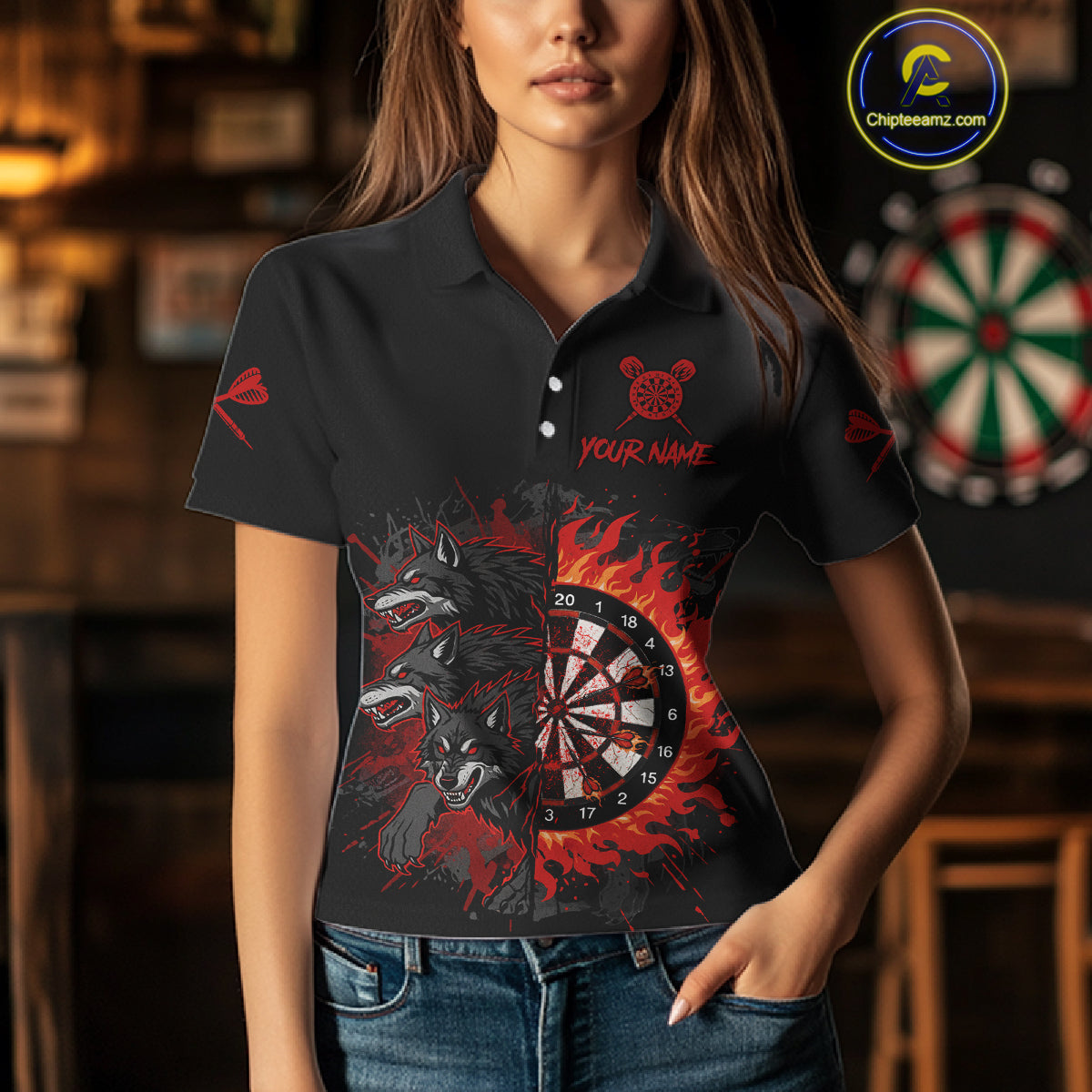 Red Wolfs Flames Dartboard Custom Funny Darts Polo Shirt For Women Grunge Dart Jerseys NYN1953