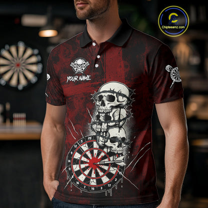 Custom Red Grunge Barbed Wire Grey Skull Dartboard Men Darts Polo Shirt Dart Jerseys NYN1977
