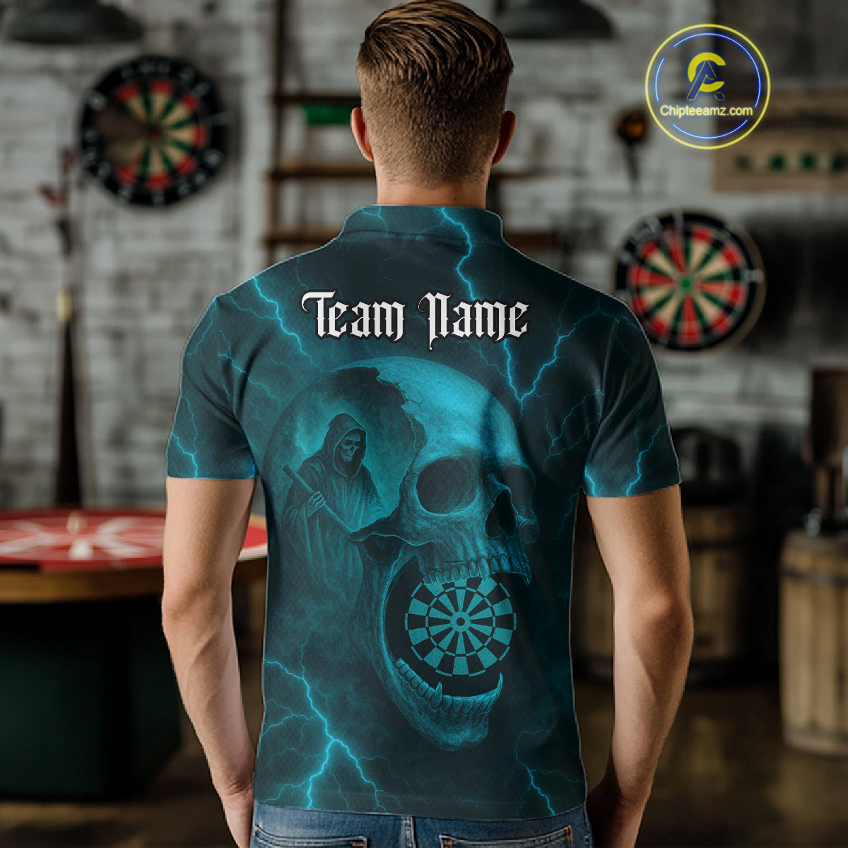 Custom Lightning Turquoise Grim Reaper Dartboard Men Dart Polo Shirt Skull Dart Team Jersey NYN1446
