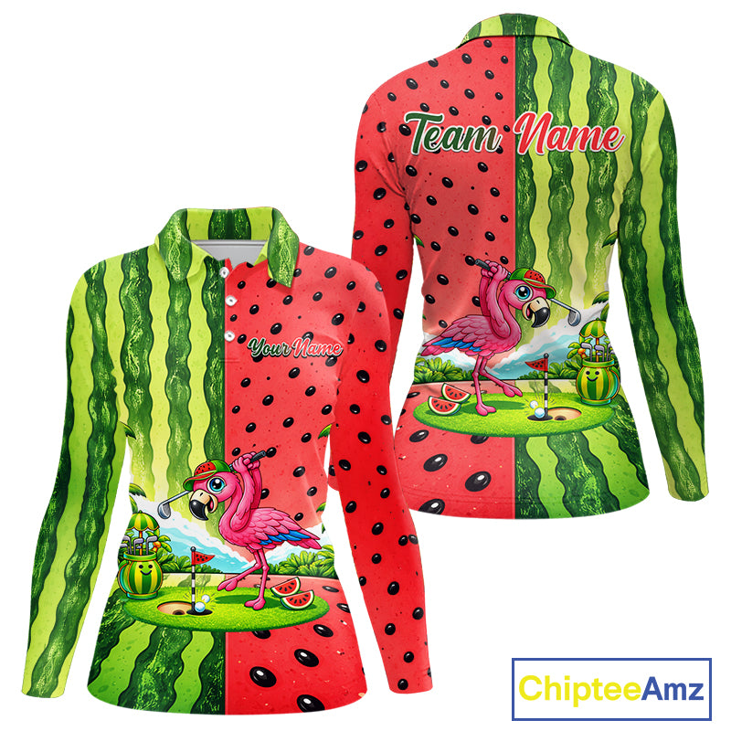 Flamingo Watermelon Polo Shirt Womens Golf Polo Shirts Custom Tropical Pattern Flamingo Golf Shirts NYN2878