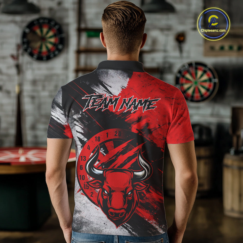 Custom Red Grunge Funny Bull Darts Polo & 1/4 Zip Shirt For Men Bull Darts Team Jerseys NYN2890