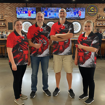 Custom Red Grunge Funny Bull Darts Polo & 1/4 Zip Shirt For Women Bull Darts Team Jerseys NYN2890