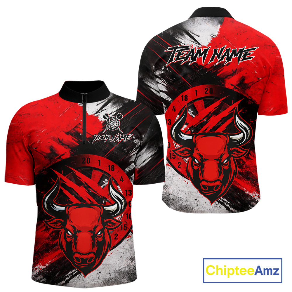 Custom Red Grunge Funny Bull Darts Polo & 1/4 Zip Shirt For Men Bull Darts Team Jerseys NYN2890