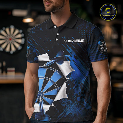 Custom Grunge Blue Torn Darts Polo & Quarter-Zip For Men Blue Spatter Outfit Dart Team Jerseys NYN2903