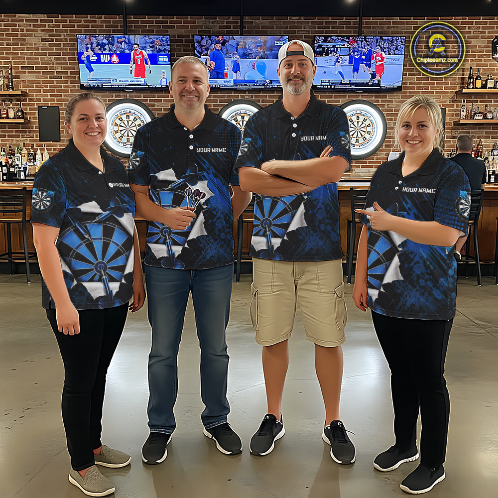 Custom Grunge Blue Torn Darts Polo & Quarter-Zip For Women Blue Spatter Outfit Dart Team Jerseys NYN2903