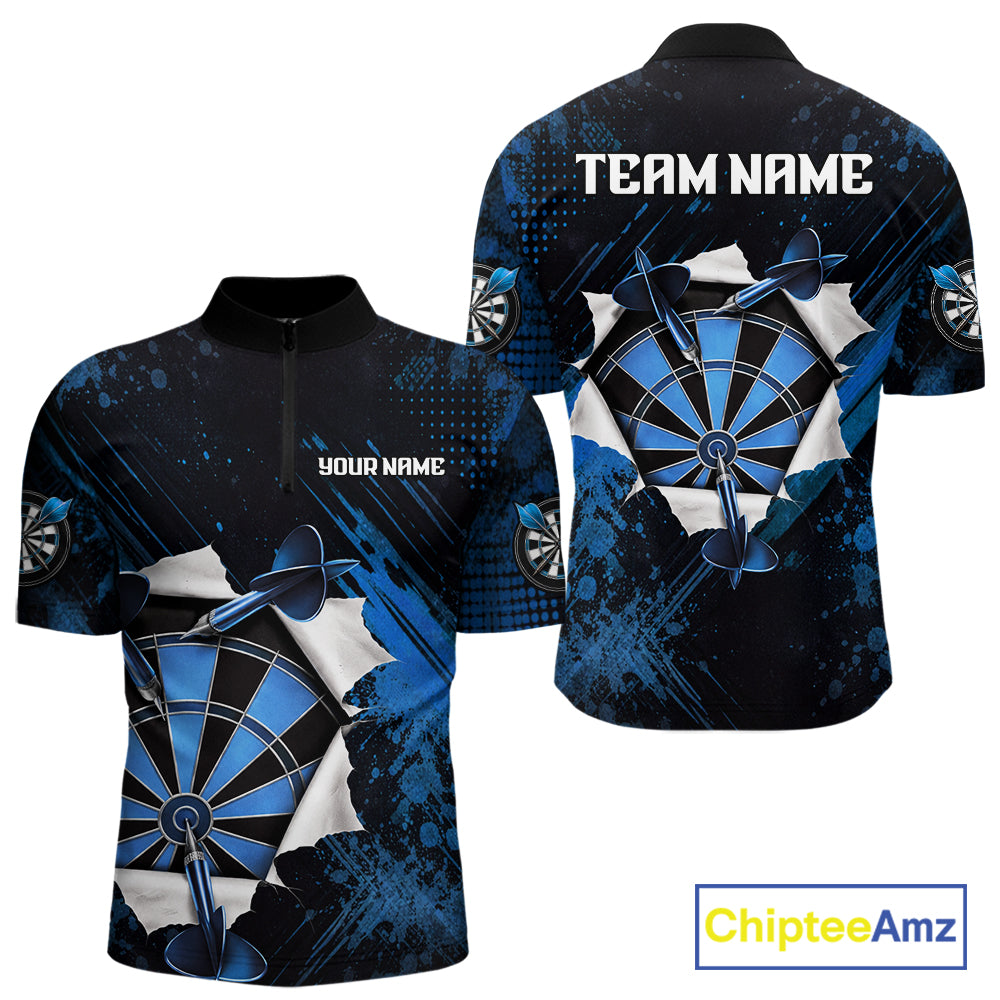 Custom Grunge Blue Torn Darts Polo & Quarter-Zip For Men Blue Spatter Outfit Dart Team Jerseys NYN2903