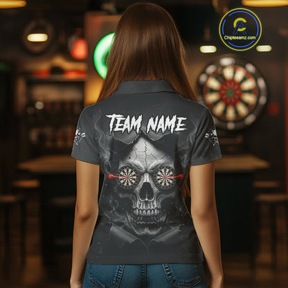 Black Smokes Skull Torn Grunge Dartboard Custom Women Polo Darts Shirt Dart Jersey NYN2012