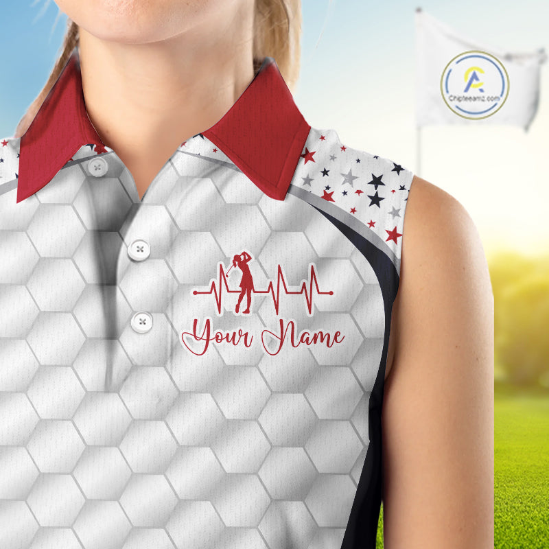 Red, White And Blue Star US Flag Sleeveless Golf Polos Shirts For Women Custom Patriotic Golf Attire NYN2914