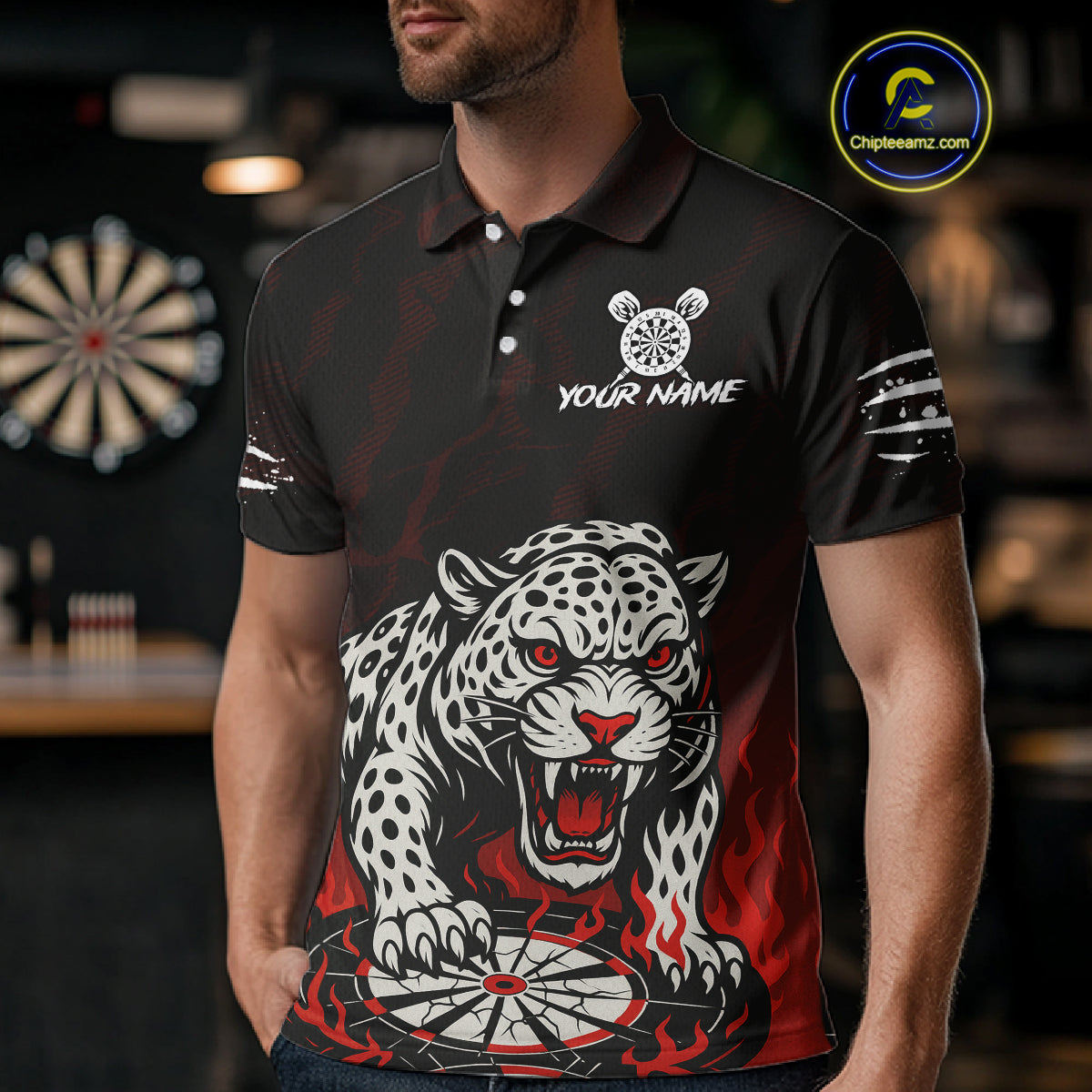 Custom Black And Red Panther Horror Dartboard Dart Polo Shirt For Men Dart Team Jersey NYN1499