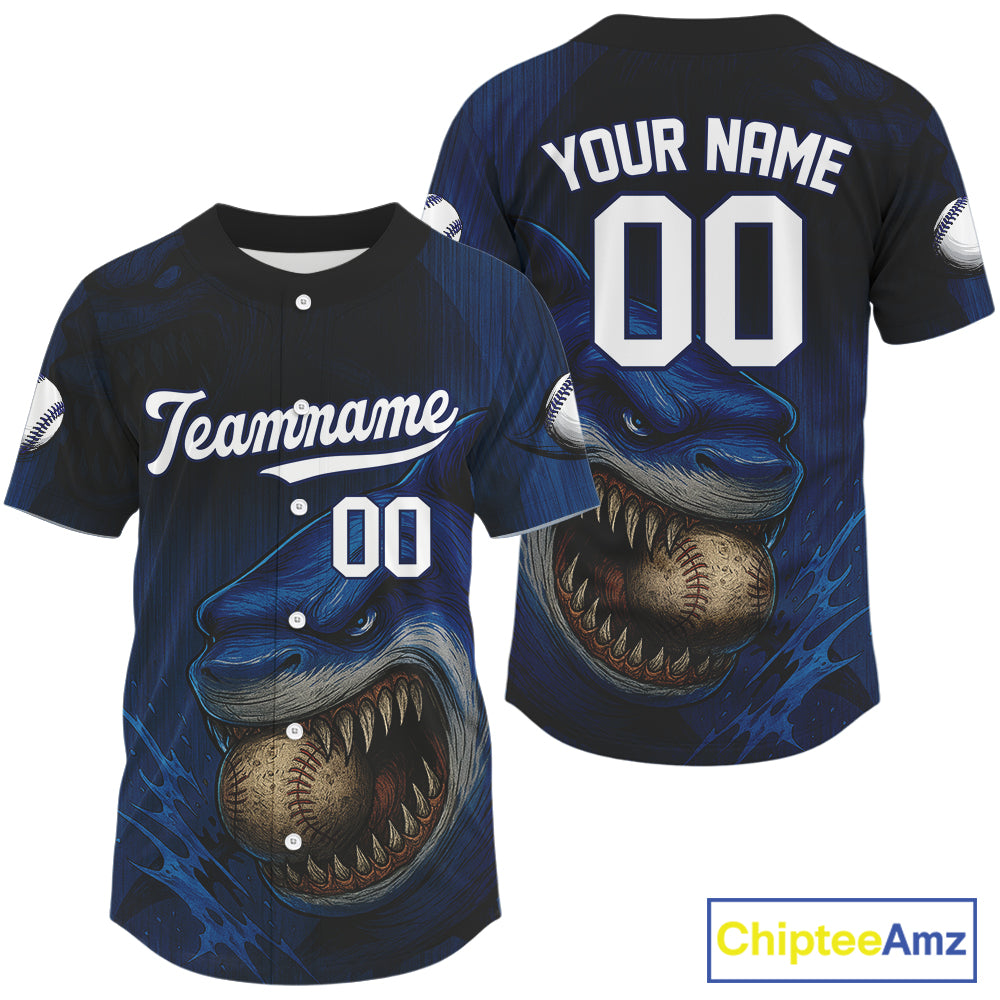 Custom Blue Funny Shark Baseball Ball Shirt For Men Horror Grunge Baseball Jerseys NYN1503
