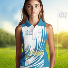Load image into Gallery viewer, Women White And Blue Golf Shirts Sleeveless Golf Clothing Custom White Polo Golf Shirts, Gifts For The Golfer NYN2933