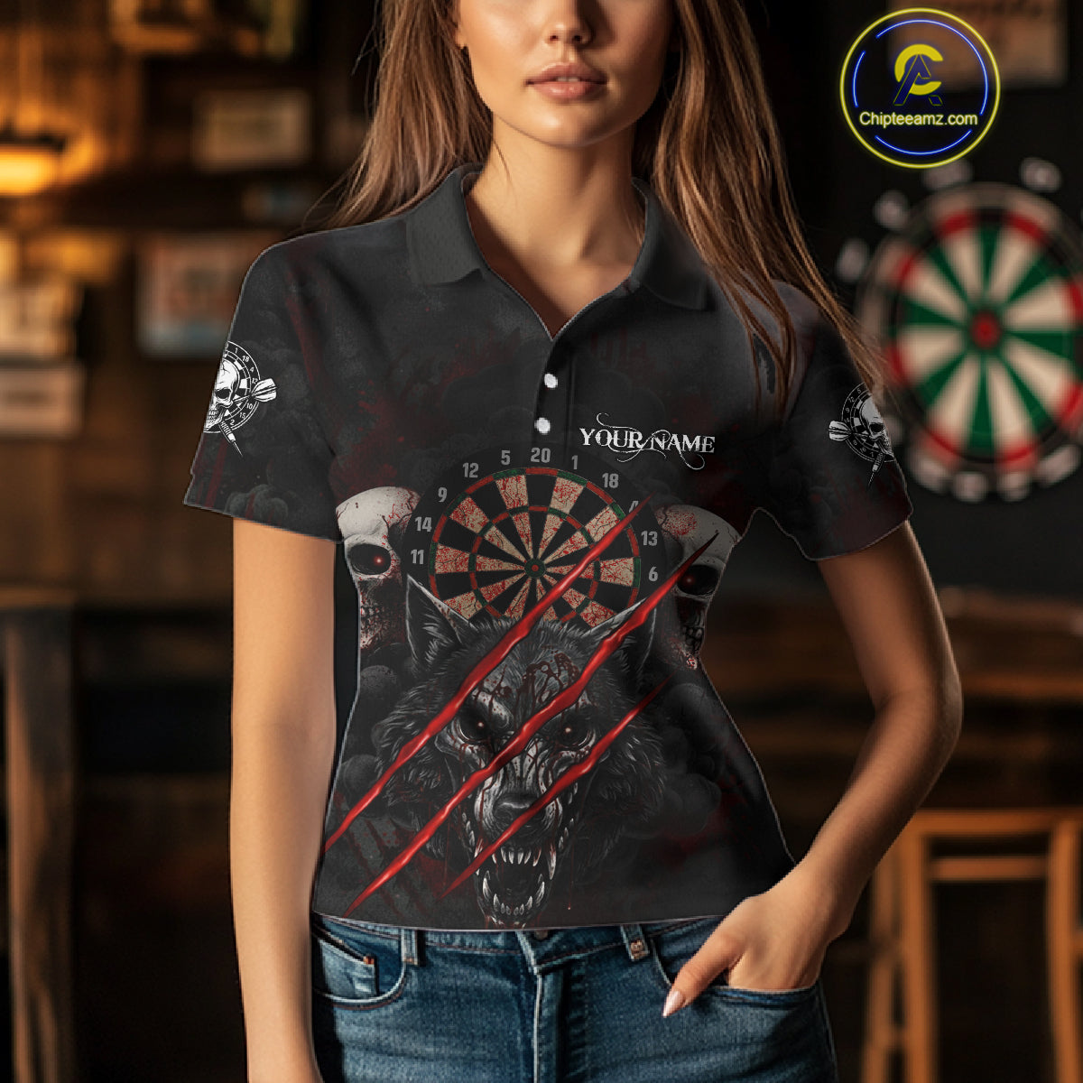Red Blood Scratch Wolf Women Darts Polo Shirt Custom Name & Team Skull Dart League Shirt NYN2054