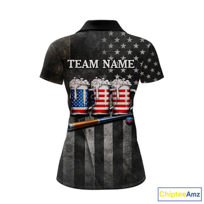 Grunge US Flag Beer Pool 8 Ball & 9 Ball Women's Billiard Shirt Custom Patriotic Billiard Team Attire NYN2560
