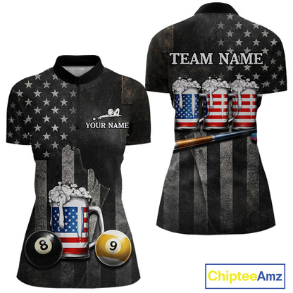 Grunge US Flag Beer Pool 8 Ball & 9 Ball Women's Billiard Shirt Custom Patriotic Billiard Team Attire NYN2560