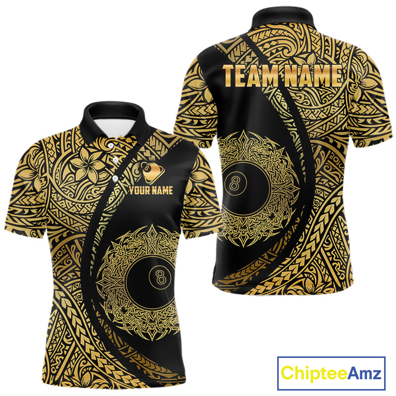 Black & Gold 8 Ball Crown Billiard Polo & 1/4 Zip Shirt For Men Custom Tribal Pool Team Jerseys NYN2944