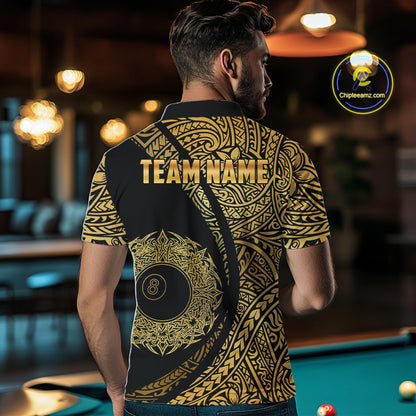 Black & Gold 8 Ball Crown Billiard Polo & 1/4 Zip Shirt For Men Custom Tribal Pool Team Jerseys NYN2944
