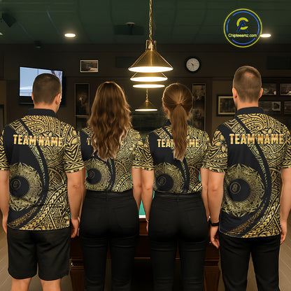 Black & Gold 8 Ball Crown Billiard Polo & 1/4 Zip Shirt For Women Custom Tribal Pool Team Jerseys NYN2944
