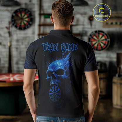 Custom Black And Blue Skull Dart Polo Shirt For Men Dartboard Skull Grunge Dart Jerseys NYN1524