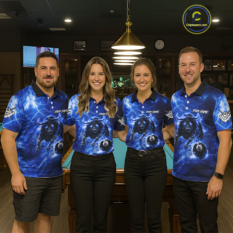 Thunder Lightning Blue Funny Bull 8 Ball Pool Women Billiard Shirt Custom Billiard Team Attire NYN2732