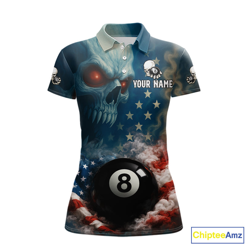 American Flag Skull Smoke 8 Ball Billiard 3D Shirt For Women Personalized Pool Billiard Team Attire NYN2745
