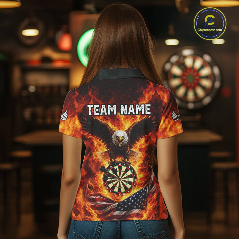 Personalized Eagle US Flag Fire Flame Dartboard Women Darts Polo Shirt Custom Darts Team Jersey|Red NYN2584