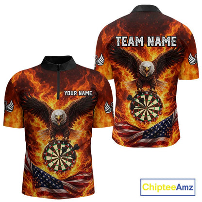 Personalized Eagle US Flag Fire Flame Dartboard Men Darts 1/4-Zip Shirt Custom Darts Team Jersey|Red NYN2584