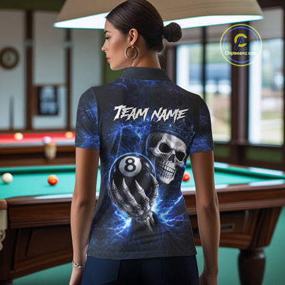 Blue Crown Skull Holding Thunder Pool 8 Ball Billiard Shirt For Women Custom Billiard Team Attire NYN2602