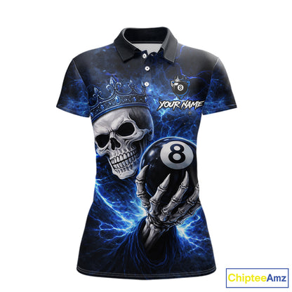 Blue Crown Skull Holding Thunder Pool 8 Ball Billiard Shirt For Women Custom Billiard Team Attire NYN2602