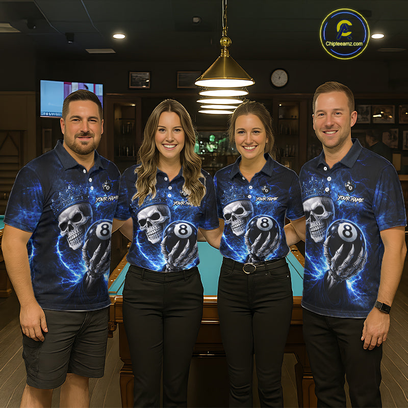 Blue Crown Skull Holding Thunder Pool 8 Ball Billiard Shirt For Women Custom Billiard Team Attire NYN2602