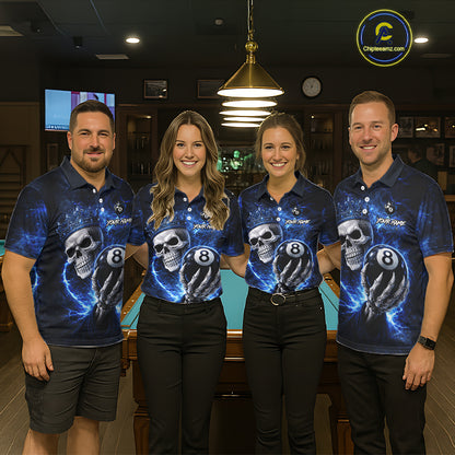 Blue Crown Skull Holding Thunder Pool 8 Ball Billiard Shirt For Women Custom Billiard Team Attire NYN2602