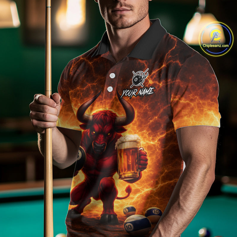 Yellow Lightning Funny Bull Pool 8 Ball Men Billiard Polo & 1/4-Zip Shirt Custom Billiard Attire NYN2606