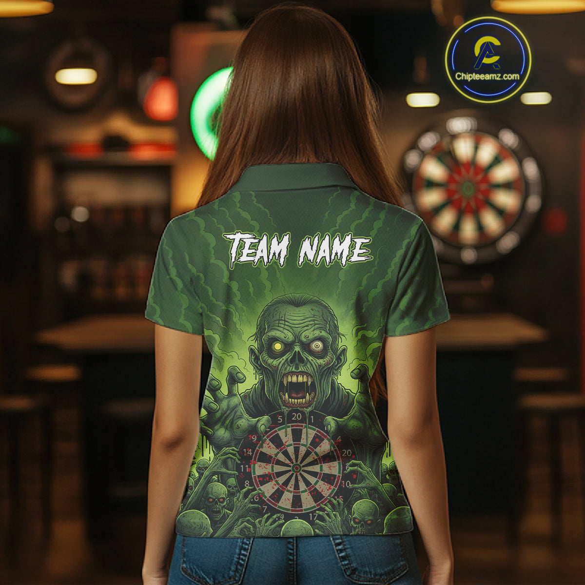 Custom Green Multi Zombie Grunge Dartboard Darts Polo Shirt For Women Skull Dart Jerseys NYN1835