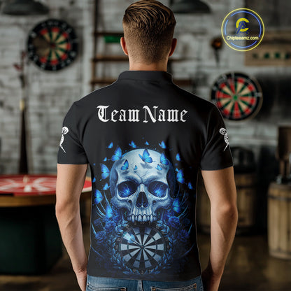 Custom Blue Butterflies Skull Head Flowers Dartboard Men Darts Polo Shirt, Dart Jerseys NYN1839