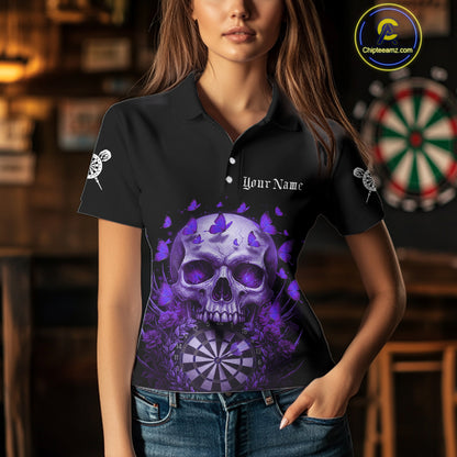Custom Purple Butterflies Skull Head Flowers Dartboard Women Darts Polo Shirt, Dart Jerseys NYN1840