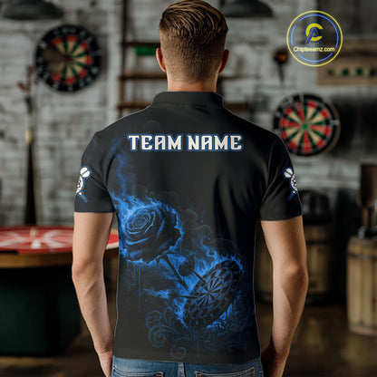 Custom Black And Blue Flames Roses Dartboard Men Darts Polo Shirt, Dart Team Jerseys NYN1846